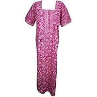 Mogul Interior Women's Lounge Caftan Pink Printed Cotton Caftan Side Pocket Front Button Night Wear L