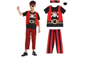 Aomig Zestaw kostiumowy pirata dla dzieci, fantazyjny kostium pirata dla chłopców, zestaw strojów Kapitana Piratów zawiera top, spodnie, opaskę na oczy, opaskę na głowę, pirackie przebranie na