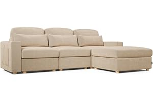 NALUI - Sofá 3 Plazas Chaise Longue Modular Bloom (280x103-193x88cm) + Puff con Arcon 77L. Tejido Ultra Suave 360º y Estructura Reforzada. Incluye 3 Cojines | Máximo Confort, Beig