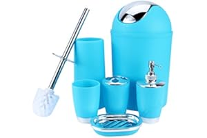 ESTINK Juego de accesorios de baño de 6 piezas, con taza, soporte para cepillo de dientes, soporte para sopa, botella desinfectante para manos, cubo de basura, cepillo de inodoro (azul cielo)