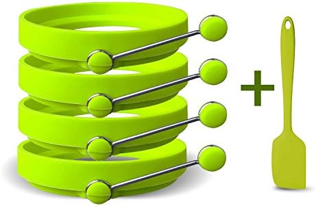 Silicone Egg Rings by Ozetti – Make Perfectly Round Fry Eggs or Pancakes - Professional Non-Stick BPA-Free Silicone- Includes Free Spatula and Recipes - Green (4 - Pack)