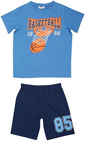 M&Co Boys 100% Cotton Blue Short Sleeve Top and Shorts Basketball Print Pyjama Set Blue 9/10 Yr