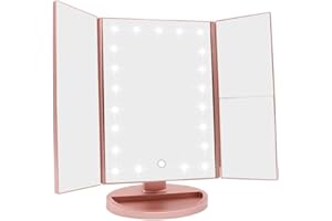 GNCHOME Espejo de Maquillaje con LED, Espejo iluminado de Mesa Luz con ampliación (x1/x2/x3) Espejo plegable de la Vanidad -Rotación 180° -Pantalla Táctil Espejo Cosmético para Hombre y Mujer (Oro Rosa)