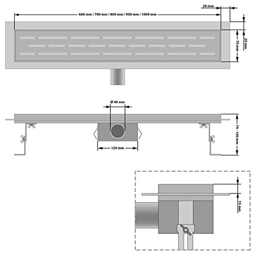 TecTake Edelstahl Duschrinne Bodenablauf Ablaufrinne Duschablauf Boden Ablauf Rinne mit Siphon und Zubehör 80cm - 7