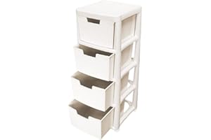 KHANARY 4 Tier Rattan Style Chest 4 Drawer Unit Plastic Small Tower Storage Unit Crafts, Files & Paperwork kids Room, School Home Office Desktop stationery L: 25cm – W: 19.5cm – H: 38cm Cream
