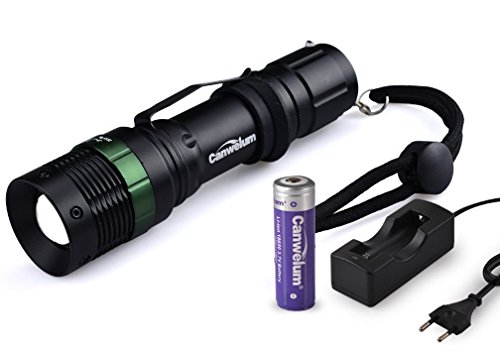 Canwelum Helle Leistungsstarke und Aufladbare Cree LED-Taschenlampe, Wetterfeste Zoom LED Taschenlampe (Ein Komplett-Set mit 18650 Akku Geschützt und Euro Ladegerät - CE Zertifiziert)