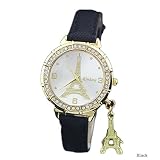 zhjz Mädchen Strass Quarzuhr PU leather-based mit Paris Tower Anhänger (schwarz)