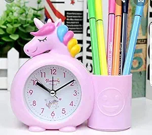 About Home Plastic Unicorn Silent Bedside Alarm Table Clock with Pen Stand for Kids Room (Pink, Blue)