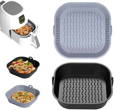Diboniur Teglia per Friggitrice ad Aria 5-8L, 2 Pezzi Silicone Contenitori per Friggitrice ad Aria, Riutilizzabile Quadrato Tappetino Stampi in Silicone per Airfryer, Microonde, Forno (Nero e Grigio)