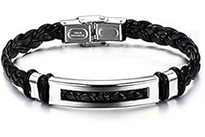 Wiz' Style Bracelet Simili Cuir et Acier avec Fermoir Boucle et Plaque en Acier Inoxydable - Superbe Bijou Homme Pas Cher