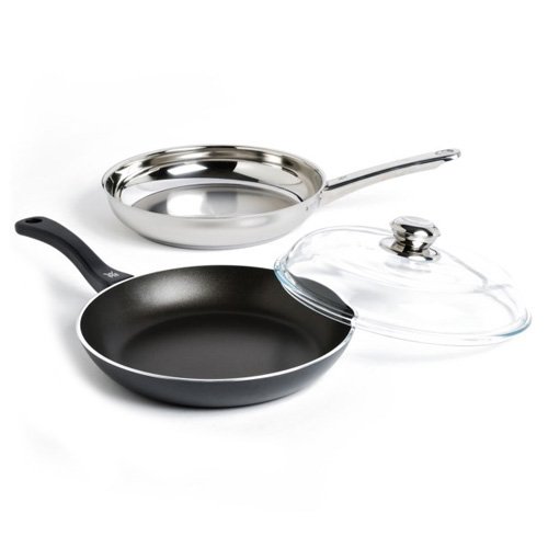 WMF Pfannen-Starter-Set 3-teilig Pfanne beschichtet Glasdeckel Cromargan Edelstahl rostfrei-Pfanne Ø 28 cm unbeschichtet induktionsgeeignet, Aluminium-Pfanne Ø 28 cm beschichtet, Glasdeckel hitzbeständig Ø 28 cm