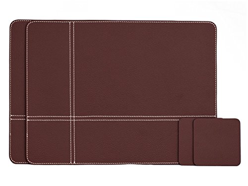 Platzsets und Untersetzer aus recyceltem Leder Tisch-Sets, 2 Stück (weiß, braun, orange, rot, burgund) Tischsets, Tisch-Matten, Tischsets 40 x 30 cm und Untersetzer 10 x 10 cm, Burgunderrot,