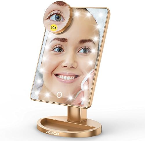 Lighted Makeup Mirror, ACOCO 21 LED Lights Vanity Mirror, High Definition Light Up Illuminated Mirror for Cosmetic, 180°Adjustable Stand, Detachable 10X Magnification Mirror, Touch Screen (Gold)