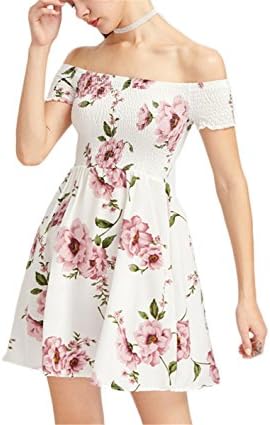 Eunsisa White Floral Dress Women Cute Bardot Ditsy Print Smock A Line Summer Dresses New Sexy Off Shoulder Ruched Party Dress