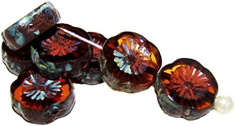 6 Pieces 12mm Hawaiian Flower Beads - Czech Carved Glass Beads Table Cut, Topaz Travertine Dark