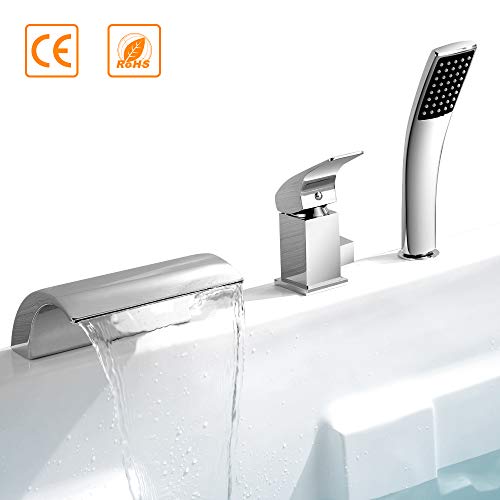 iMoebel Wannenrandarmatur 3-Loch-Badewanne wasserhahn Wasserfall Armatur Duschsystem Bad mit Handbrause Elegant Klassisch Duschsets,Silber
