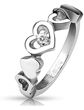 Paula & Fritz® Ring aus Edelstahl Chirurgenstahl 316L silbern 625 mm breit Aneinander gereihte Herzen mit Zirkonia...