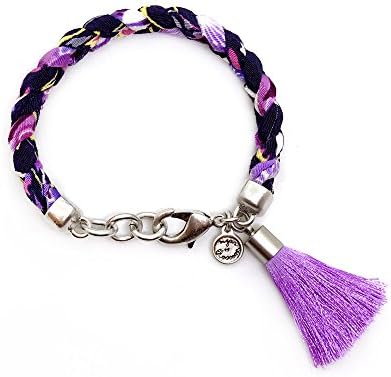 Sugar Blossom Frida, Geflochetenes Kimono Fabric Bracelet with Gold Plated and purple Tassel. Silver