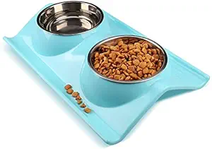 Emily Pets Stainless Steel Safety Healthy Cat/Puppy Double Food and Water Bowl-Small (Blue)
