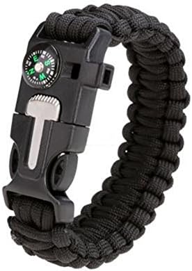 QuiCi Outdoor Survival Bracelets Bangles Unisex Emergency Rope Kit Camping Hiking Buckle Wristband Whistle Compass (Black)