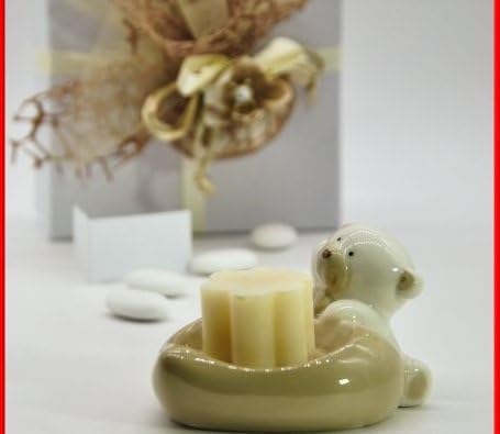 Heart Shape Soap Holder Ceramic BEAGE for Scented Soaps Included, with a Small Teddy Bear In White Ceramic Enriched from Small Details of Colour BEAGE, Gift Box Included – bombonire Birth, baptism, communion, First Birthday kit 12 pz. Binaco