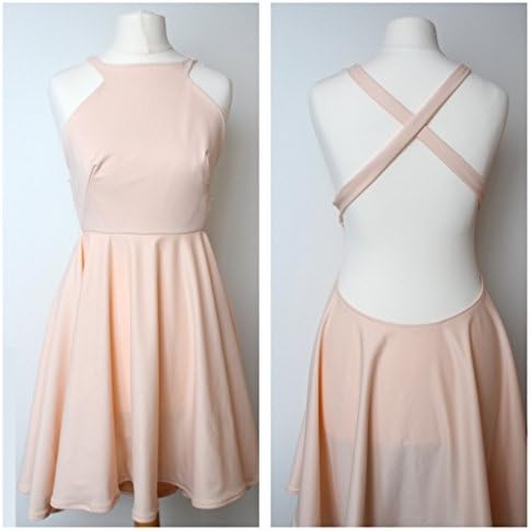Women's Flare Halter Neck Beige Pink Sexy Cocktail Dress Ladies Dress Size 8