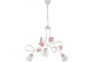 ONLI Lampadario 3 luci cameretta in Metallo Bianco con Farfalle dipinte in Rosa