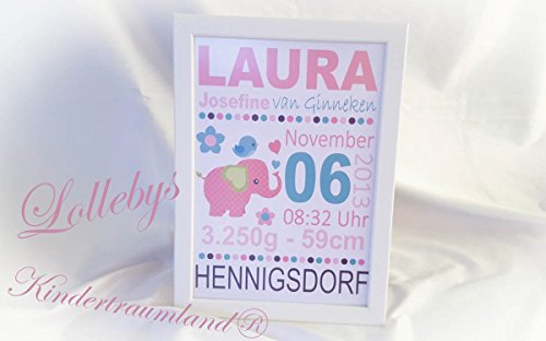 Namensbild – Baby – Kind – Personalisiert – Geburtsgeschenk – Türschild – inkl. Rahmen – Mädchen u. Junge, Taufe, Geschenk - 3