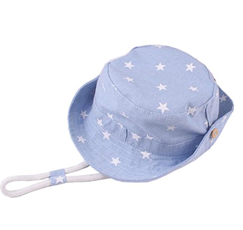 Qchomee - Sombrero de tela vaquera de algodón con diseño de estrellas, sombrero de cubo ancho, resistente al viento, correa para la barbilla, plegable, para viajes, playa, protección solar, sombrero para vacaciones, camping, pesca, gorra ajustable para niñas y niños de 3 a 8 años, azul claro, Children recommend age 3-8Years
