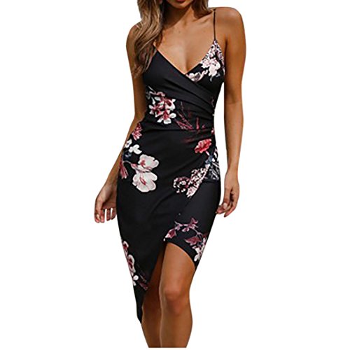 Vestito Donna Elegante, Yesmile Mini Abito da Cocktail con Maniche Corte E Stampa Floreale Bowknot delle Donne Abito Stampato Floreale Manica Lunga (Nero, S)