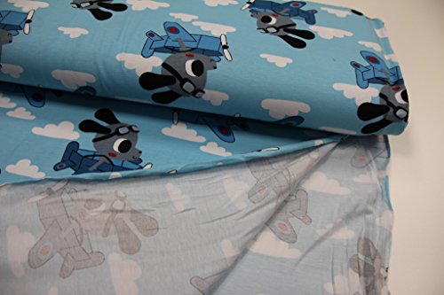 Stoff / 50cmx140cm / Kinder / beste Jersey-Qualität / Jersey Hund, Flugzeug, Wolken auf hellblau - 4