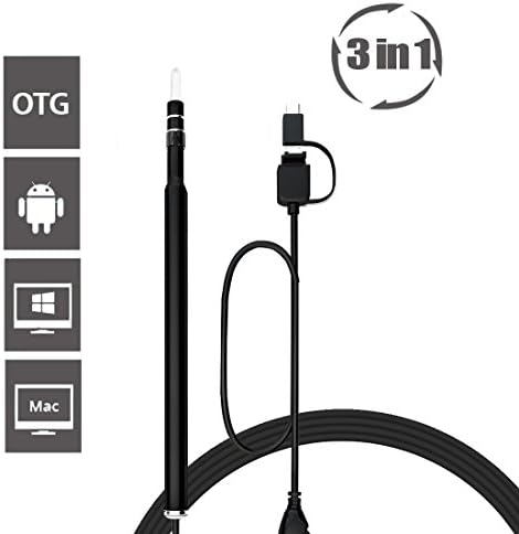 Ear Cleaning Endoscope, Sunreal Digital Mini Ear Camera Otoscope HD Visual Erawax Clean Tool USB 3 in 1 Micro USB/USB/Type-C for OTG Android, Windows &amp; MAC PC Computer(Black)