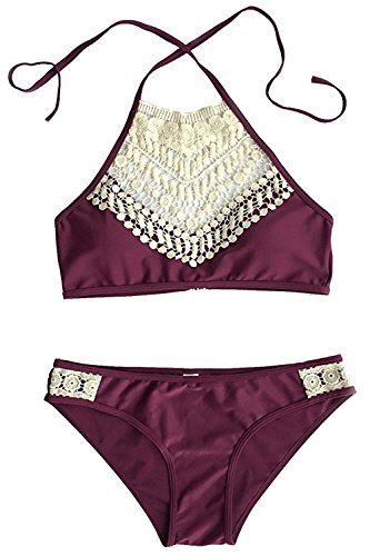 Outgobuy Fashion Women's Lace Splicing Halter Padding Sexy Tank Bikini Set