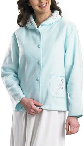 Ladies Soft Polar Fleece Button Up Bed Jacket Floral Embroidered Detail House Coat