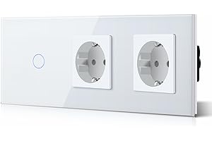 BSEED 1 Gang 1 Vía Interruptor de Luz con Doble Schuko Enchufe, Enchufe Estándar con Interruptor de Luz Táctil de Cristal, 228mm Blanco