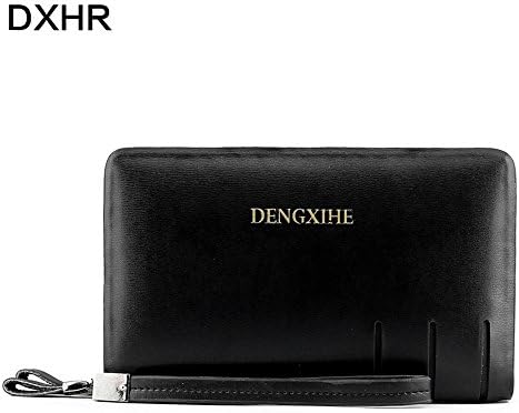 Men's pure real leather handbag,Men zipper leather card cash receipt holder organizer wallet long purse clutch bag wrist bag (Black)