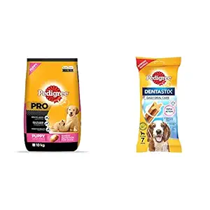 Pedigree PRO Expert Nutrition Large Breed Puppy (3-18 Months), Dry Dog Food, 10kg Pack & Dentastix Medium Breed (10-25 kg) Oral Care Dog Treat, 180g Weekly Pack (7 Chew Sticks)