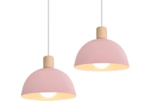 iDEGU Lot de 2 Lustres Suspensions Rétro Suspension Luminaire Moderne Style Demi-Cercle Plafonnier E27 en Bois Métal Lampe Suspension pour Chambre Salle à Manger Cuisine, Ø 20CM (2 Pack Rose)