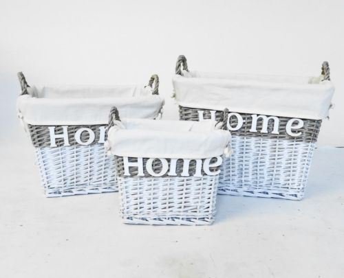 Shabby Chic weiß Weidenkorb HOME Log Wäschetruhe Wäschekorb Wäschebox Wäschesammler mit Griffen [Full Set (S, M, L)]