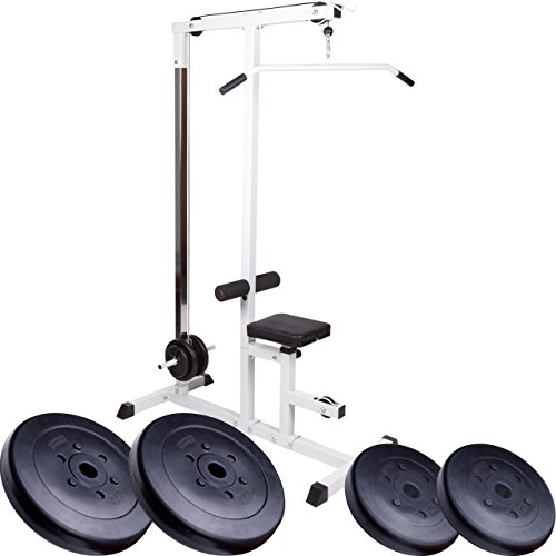 ScSPORTS Latzugturm mit 30 kg Hantelscheiben-Set Kunststoff, Kraftstation 141 x 107 x 193 cm (LxBxH) weiß