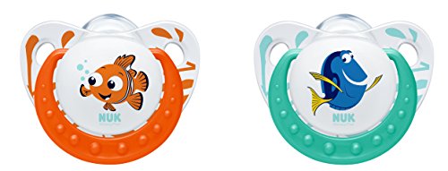 NUK 10175135 Disney Finding Dory Trendline Silikon-Schnuller, 0-6 Monate, kiefergerecht, BPA frei, 2 Stück, orange / minze