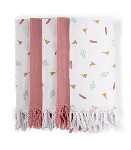 Wadiga Set de 5 Grands Langes Bébé 100% Coton Rose et Blanc à Motifs