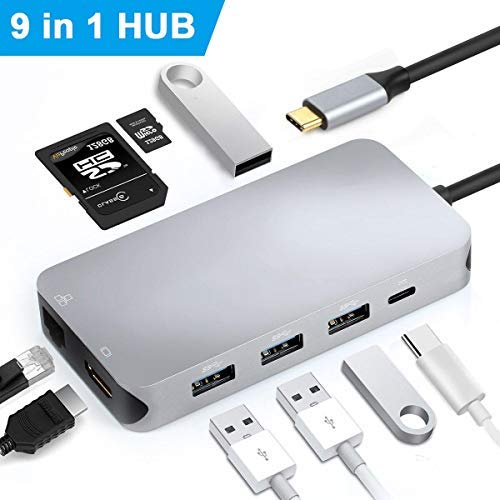 Excuty Concentrador USB C, USB C 9 en 1 con Puerto HDMI 4 K y Hub Red LAN RJ45 Gigabit Ethernet, con Puertos 4usb3.0, Lector de Tarjeta SD/TF y Puerto de Carga USB C (Gray)