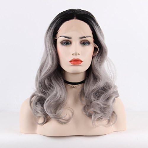 VANGEL Ombre Silver Grey Lace Front Wig 2-3inch Black Roots Bodywave Synthetic Hair Wig for Woman Heat Resistant Decent Parting Space Light Brown Lace Half Hand Tied 20 Inch