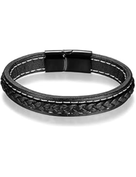 JewelryWe Schmuck Herren Armband, Geflochten Leder Armreif, Edelstahl Verschluss, Schwarz