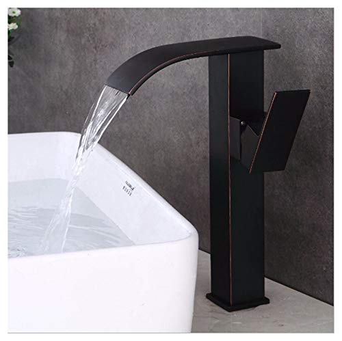 Lenrtu European Style Retro Artistic Faucet With Waterfall Vintage Brass Black Square Water Tap 1 Lever Handle Single Hole Mixer Tap For Bathroom Washbasin Sink