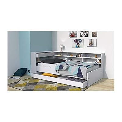 DLM Design Delamaison Lit Combiné 90x190cm + étagères + Tiroir + sommier à CORNIMONT