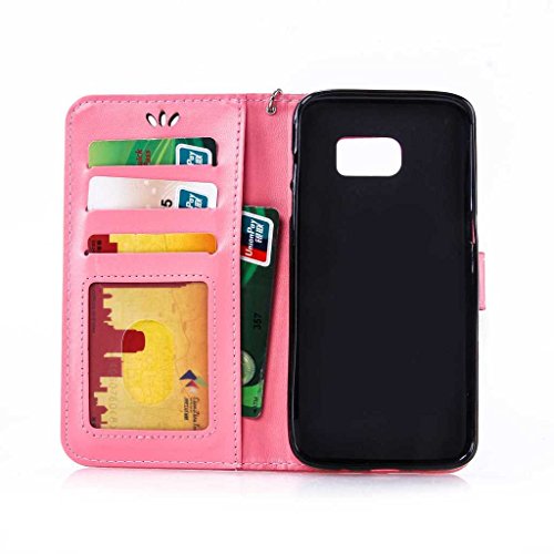 Galaxy S7 Edge Hülle Ledertasche [mit Frei Hartglas Displayschutzfolie], KKEIKO® Schutzhülle PU Leder Tasche Hülle Case für Samsung Galaxy S7 Edge, Wickelfalz Handyhülle mit Bändselloch Standfunktion Karteneinschub und Magnetverschluss, Kratzfeste Lederhülle Flip Wallet (Pink #8) - 4