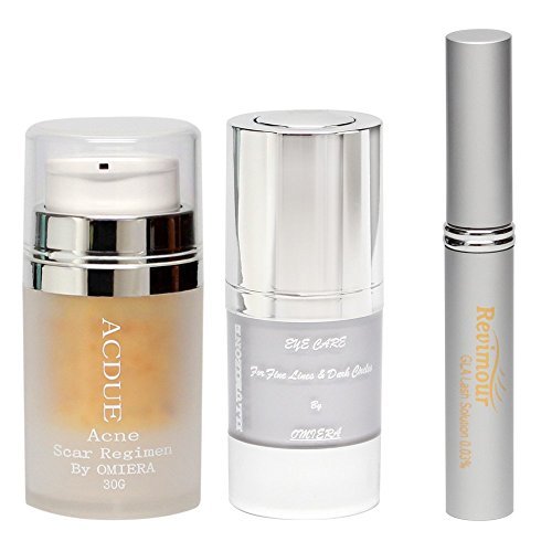 Juego con crema antiacné Omiera Acdue, tratamiento con sérum para el crecimiento de pestañas Revimour y crema antiarrugas en los ojos Illumizone (3 unidades)