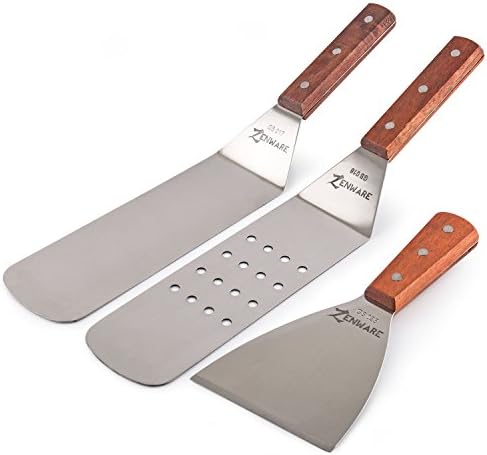Zenware 3 Piece Stainless Steel Utensil Set with Spatula and Scraper for Teppanyaki Grills and Griddle